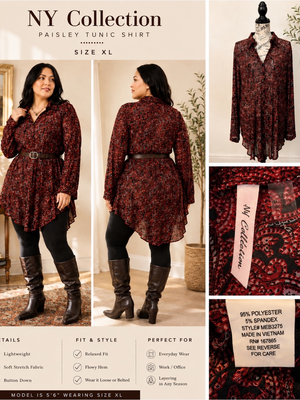 NY Collection Burgundy Paisley Tunic Top XL